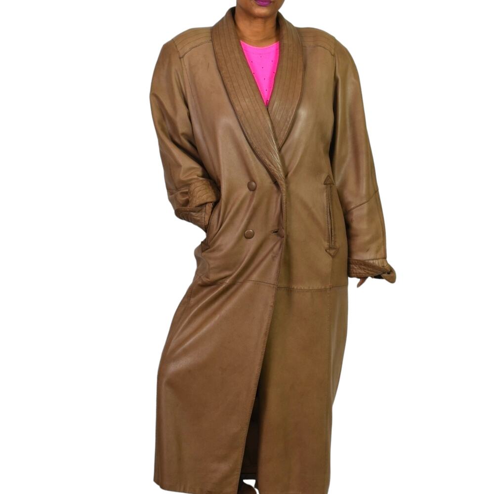 Friitala Finland Leather Coat Brown Vintage Lambskin Trench Long Maxi Size 10